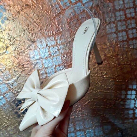 Nwot Zara Cream Bow Detail Women's Heels - Picture 1 of 13